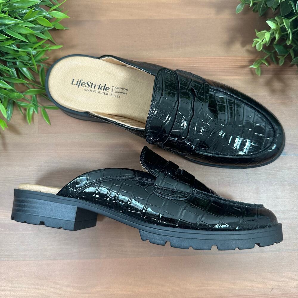 LifeStride Women's London Round Toe‎ Lug Mules Black Croc Patent Size 6.5